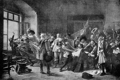 The Defenestration by Václav Brožík (circa 19th century). Vintage etching circa late 19th century.