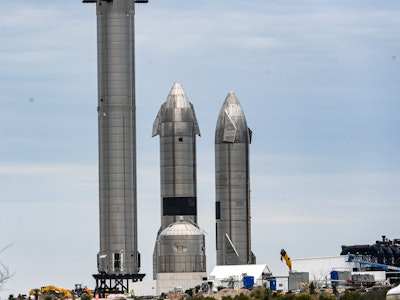 BOCA CHICA, TX - FEBRUARY 10:   SpaceX Starship spacecraft prototypes and a super heavy  booster sit...