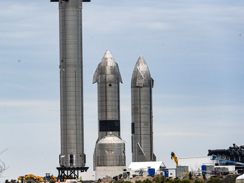 BOCA CHICA, TX - FEBRUARY 10: SpaceX Starship spacecraft prototypes and a super heavy booster sit...