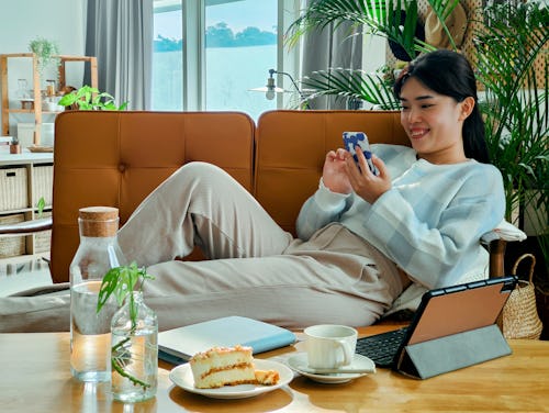 Smiling pretty young woman, relaxes on the sofa in her living room while using her mobile smart phon...