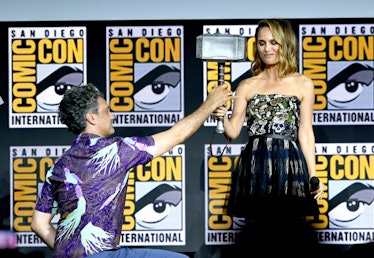 SAN DIEGO, CALIFORNIA - JULY 20: Taika Waititi and Natalie Portman speak at the Marvel Studios Panel...