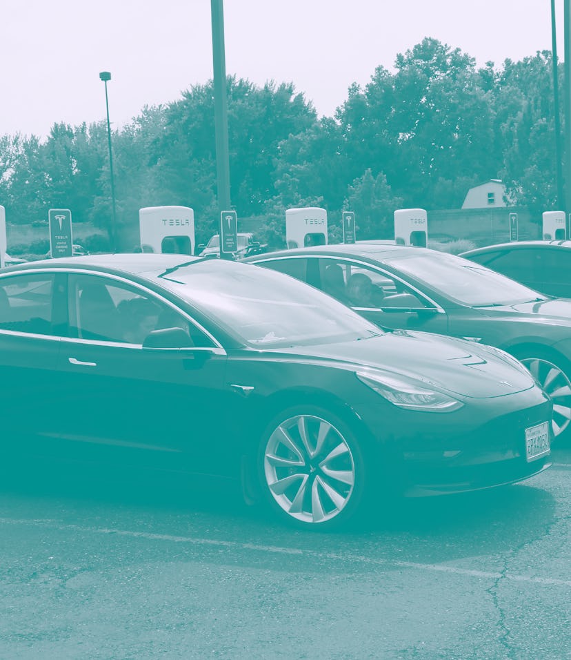 Tesla electric car charging station with multiple cars charging simultaneously, This charging statio...
