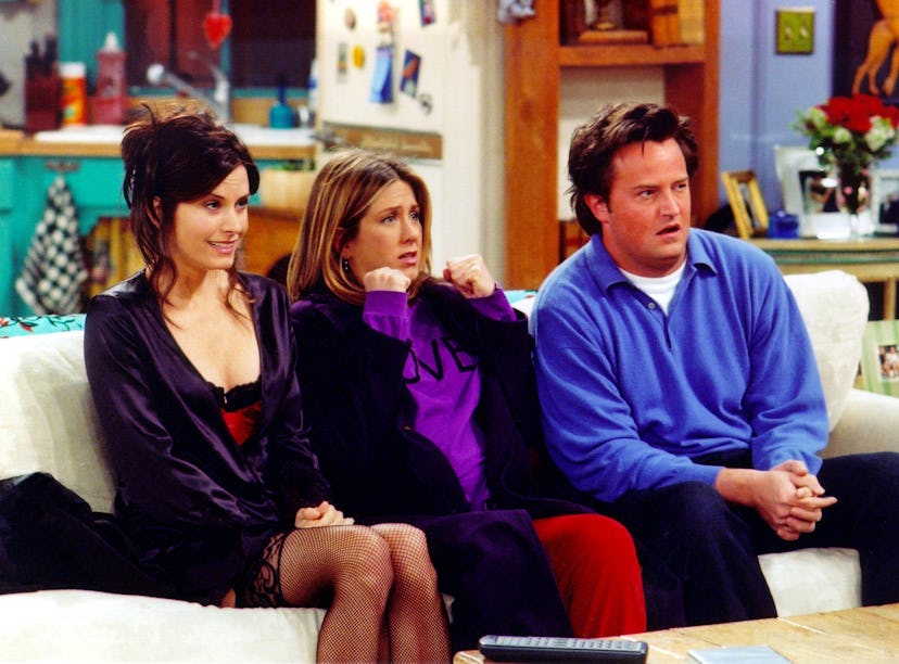 Courteney Cox Arquette, Jennifer Aniston, and Matthew Perry are shown in a scene from the NBC series...