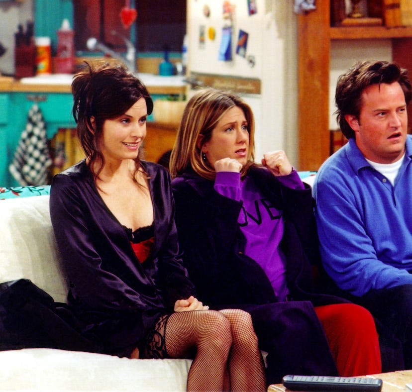 Courteney Cox Arquette, Jennifer Aniston, and Matthew Perry are shown in a scene from the NBC series...