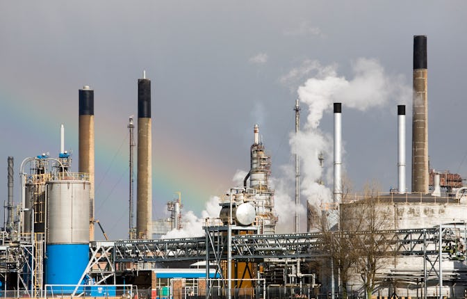 Grangemouth refinery- with rainbow. (Photo by: Planet One Images/Universal Images Group via Getty Im...