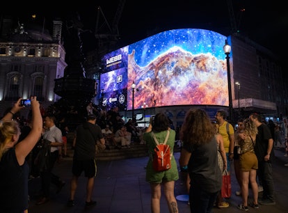 LONDON, ENGLAND - JULY 12: A general view of the broadcast of NASA's first images from James Webb Sp...