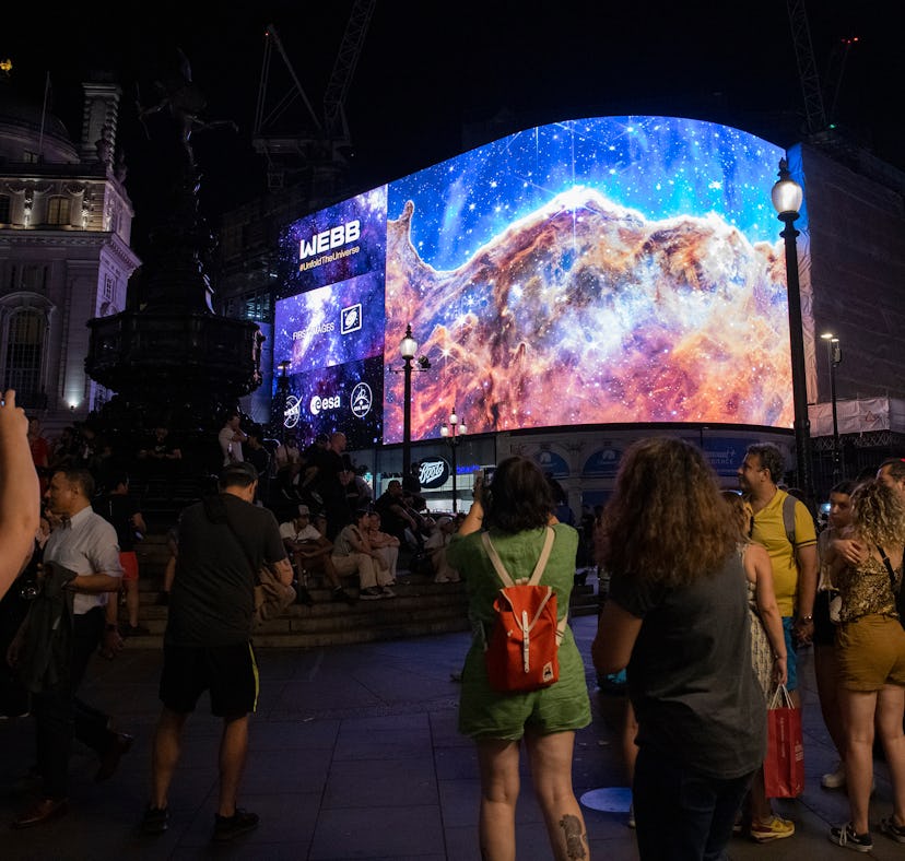 LONDON, ENGLAND - JULY 12: A general view of the broadcast of NASA's first images from James Webb Sp...
