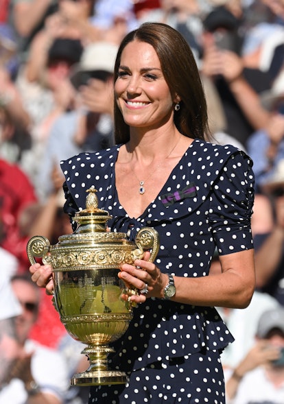 Catherine, Duchess of Cambridge holds the Wimbledon Trophy at the Wimbledon Men's Singles Final at A...