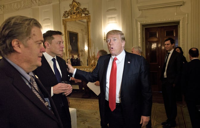 Trump advisor Steve Bannon (L) watches as US President Donald Trump greets Elon Musk, SpaceX and Tes...