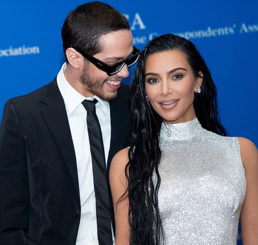 US comedian Pete Davidson (L) and US television personality Kim Kardashian arrive for the White Hous...