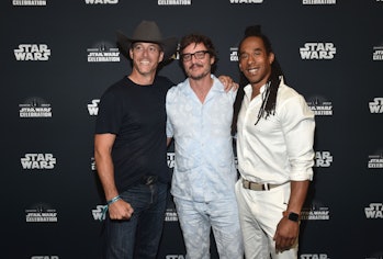 ANAHEIM, CALIFORNIA - MAY 28: (L-R) Brendan Wayne, Pedro Pascal, and Lateef Crowder attend the panel...