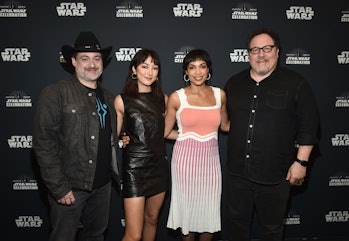 ANAHEIM, CALIFORNIA - MAY 28: (L-R) Dave Filoni, Natasha Liu Bordizzo, Rosario Dawson and Jon Favrea...