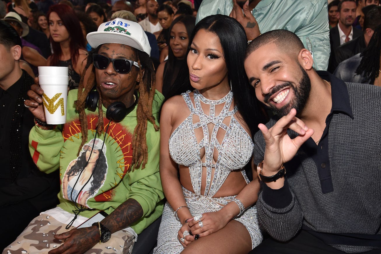 LAS VEGAS, NV - MAY 21: (L-R) Recording artists Lil Wayne, Nicki Minaj, and Drake attend the 2017 B...