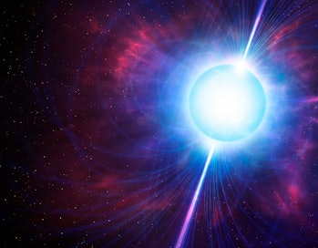 Computer artwork showing the magnetic field (lines) around a magnetar. A magnetar is a type of neutr...