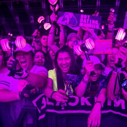 INDIO, CALIFORNIA - APRIL 19: Festival goers watch BLACKPINK perform during 2019 Coachella Valley Mu...