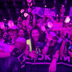 INDIO, CALIFORNIA - APRIL 19: Festival goers watch BLACKPINK perform during 2019 Coachella Valley Mu...