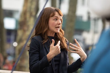NEW YORK CITY, NY - AUGUST 17: Carey Mulligan is seen filming on set of "She Said" in Bryant Park on...