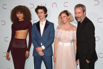 PARIS, FRANCE - SEPTEMBER 06: (L-R) Actors Zendaya, Timothée Chalamet, Rebecca Ferguson and director...