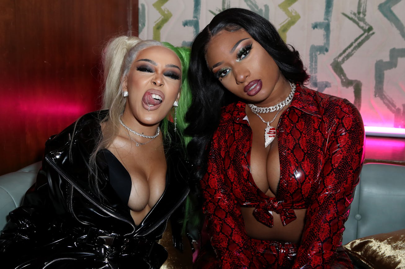 HOLLYWOOD, CALIFORNIA - JANUARY 23: (L-R) Doja Cat and Megan Thee Stallion attend "Birds Of Prey": A...