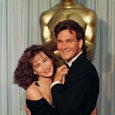 Jennifer Grey and Patrick Swayze backstage at the Academy Awards, April 11, 1988 in Los Angeles, Cal...