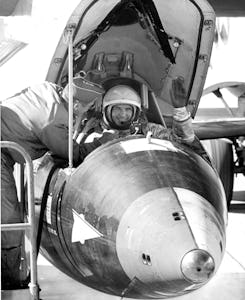 Portrait of American test pilot Major General Robert Michael White (1924 - 2010) in the cockpit of N...