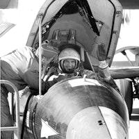 Portrait of American test pilot Major General Robert Michael White (1924 - 2010) in the cockpit of N...