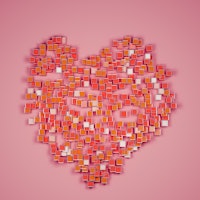 Abstract heart shape form by group of red and orange cubes on red background still life