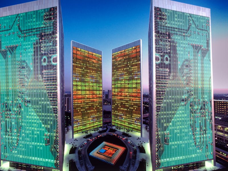 Four large colorful buildings