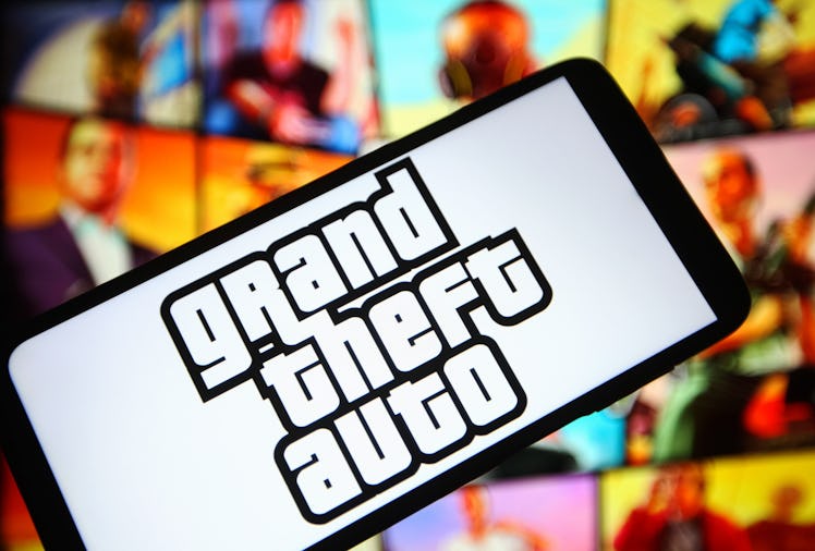 UKRAINE - 2021/10/05: In this photo illustration a Grand Theft Auto (GTA) logo of a computer game is...