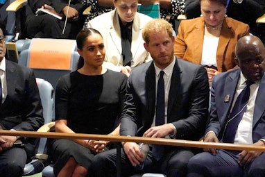 NEW YORK, NEW YORK - JULY 18: Prince Harry, the Duke of Sussex and Meghan, Duchess of Sussex listen ...