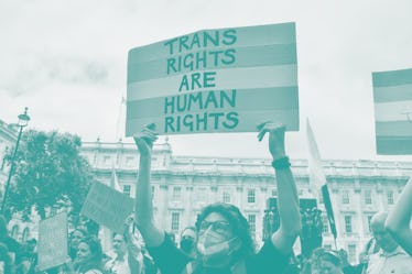 英国伦敦- 2022/06/29:一名抗议者举着一个带有跨性别骄傲色彩的标语牌……