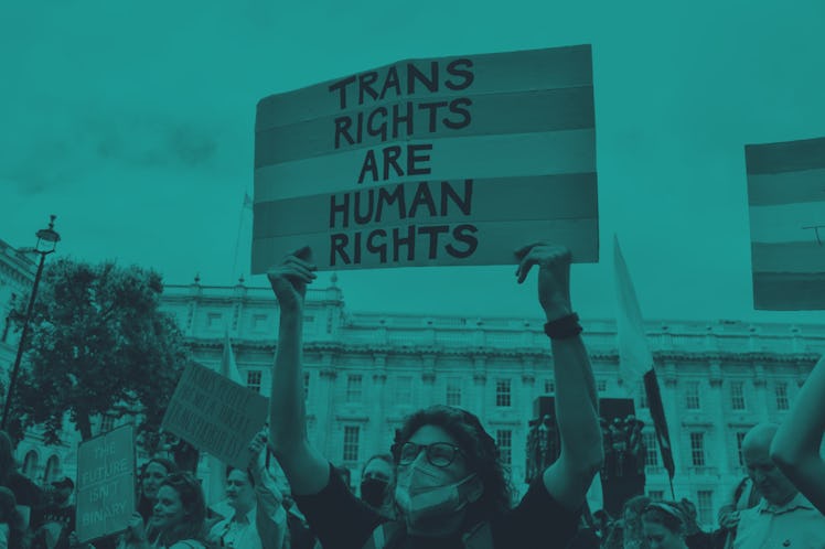 LONDON, UNITED KINGDOM - 2022/06/29: A protester holds a placard with the colours of the trans pride...