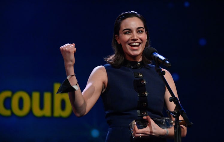 Swiss actress Souheila Yacoub holds her award during the European Shooting Starts 2022 Gala prior to...