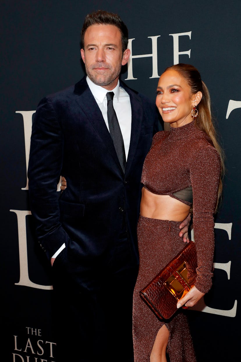 Ben Affleck (L) and Jennifer Lopez attend The Last Duel New York Premiere on October 09, 2021 in New...