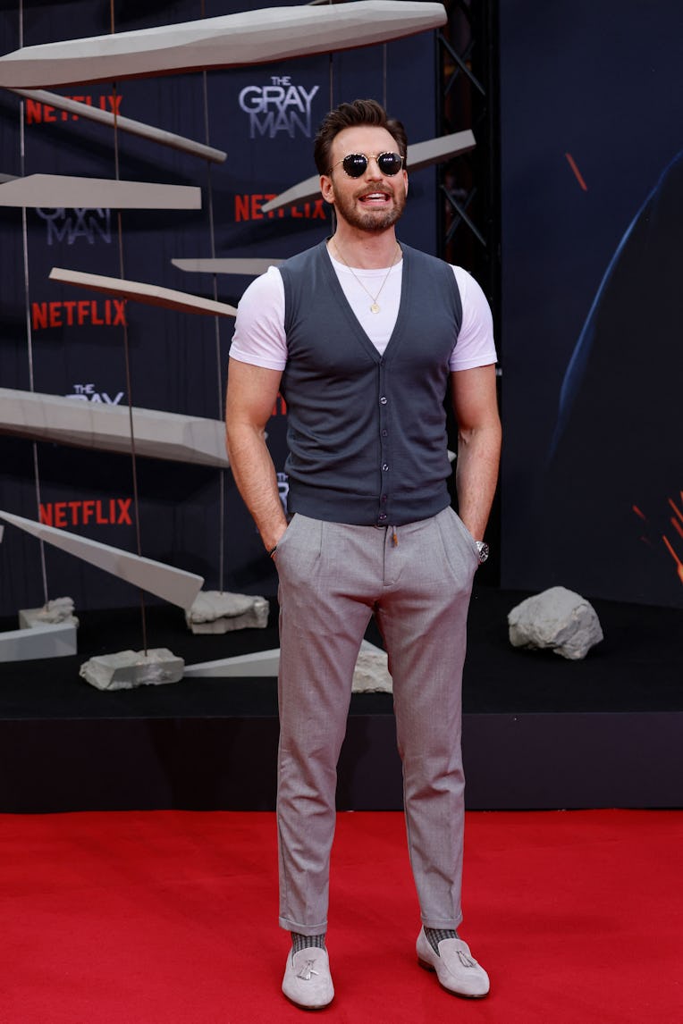 US actor Chris Evans poses on the red carpet for the Special Screening of Netflixs "The Gray Man" at...
