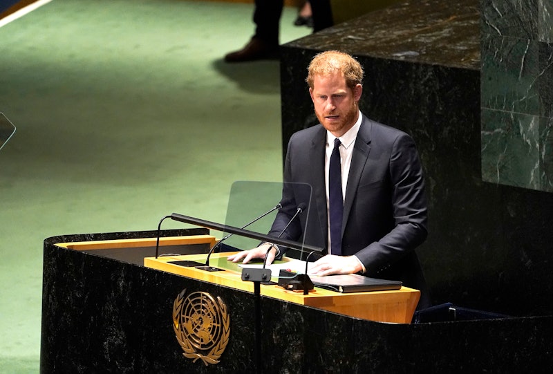 NEW YORK, NEW YORK - JULY 18: Prince Harry, the Duke of Sussex delivers remarks to the General Assem...
