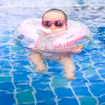 A baby wearing a neck float, which the FDA has just warned parents and caregivers to stop using.