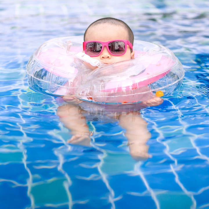 A baby wearing a neck float, which the FDA has just warned parents and caregivers to stop using.