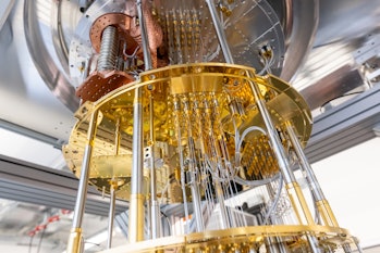 Garching, Bavaria, July 14, 2022: Quantum computer cryostats are standing on a press tour ...
