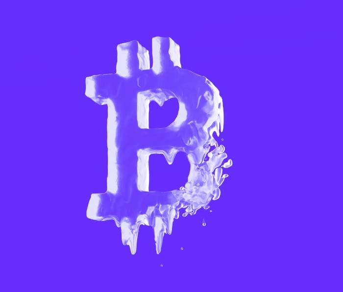 Digital generated image of bitcoin sign made out of ice melting on black background.