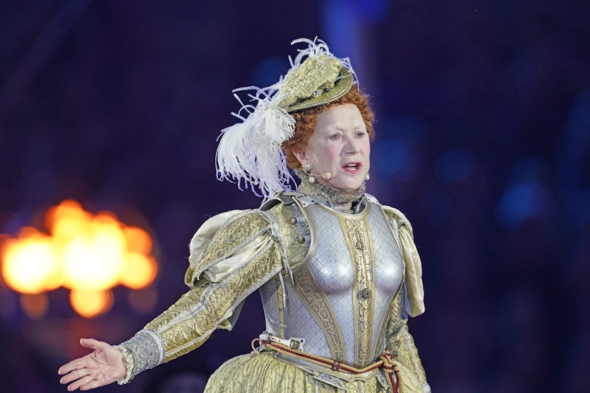 Dame Helen Mirren dressed as Queen Elizabeth I performs during the A Gallop Through History Platinum...