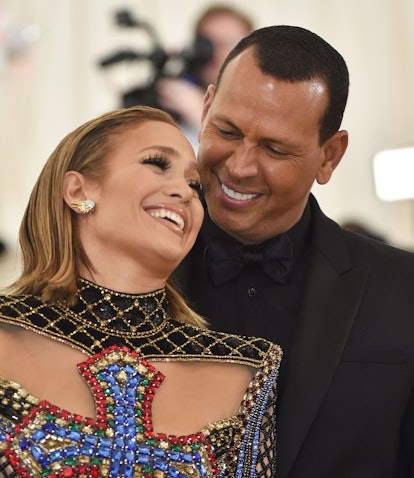 Jennifer Lopez and Alex Rodriguez arrive for the 2018 Met Gala on May 7, 2018, at the Metropolitan M...
