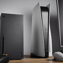 Living room with Microsoft Xbox Series X (L) and Sony PlayStation 5 home video game consoles alongsi...