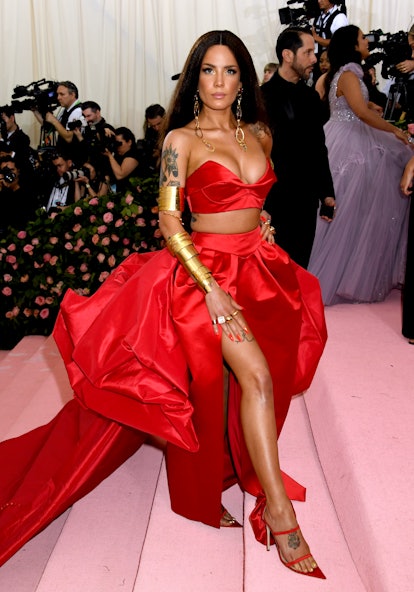 Halsey wearing a red two-piece dress at the 2019 met gala 