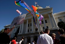 Thousands of same-sex marriage supporters rally outside the state Capitol in Sacramento, Calif., on ...