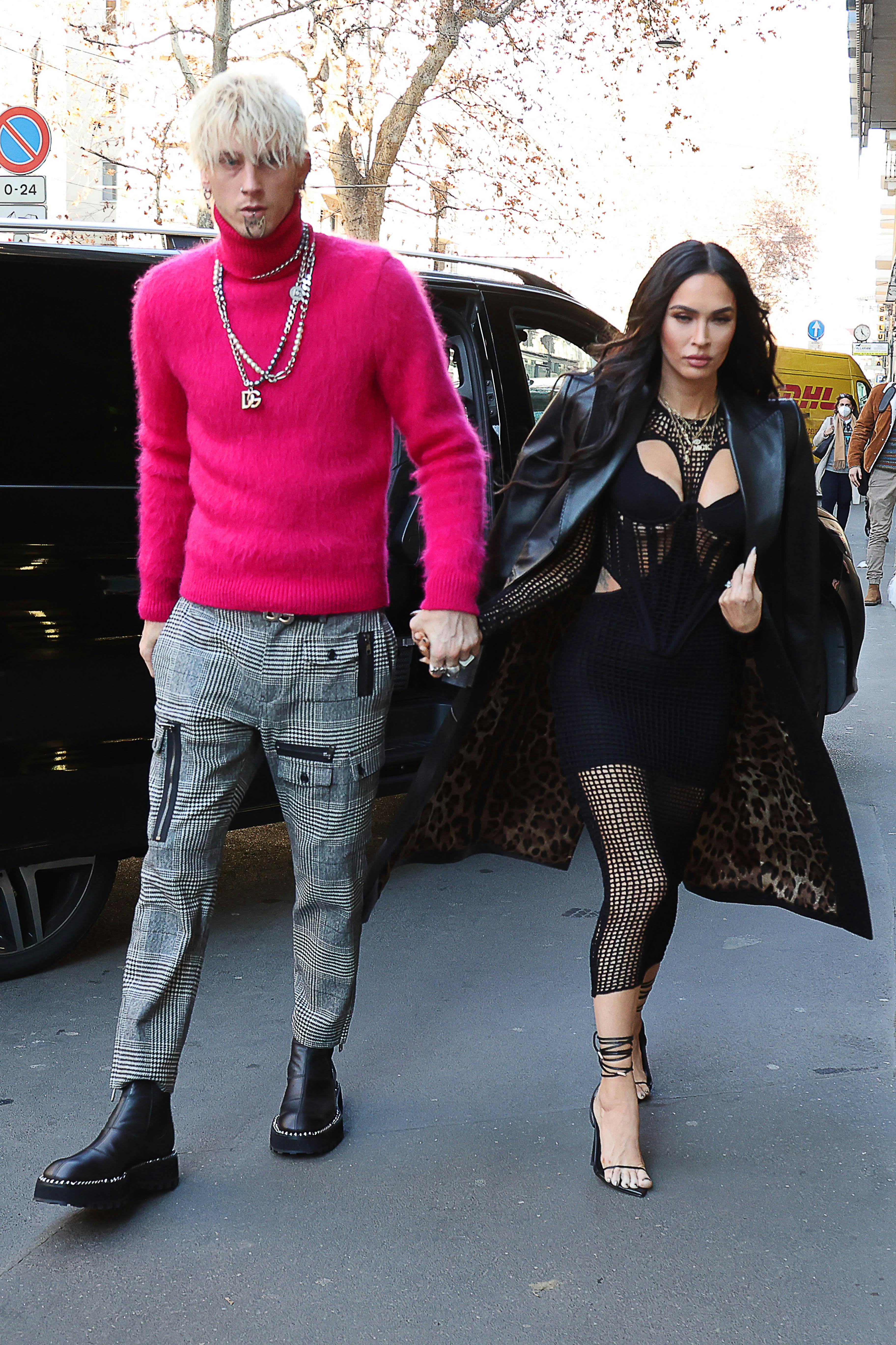 Megan Fox and Machine Gun Kelly are seen during Milan Men&rsquo;s Fashion Week 2022