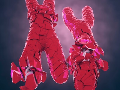 3d illustration of broken or defective red coloured x and y chromosomes.