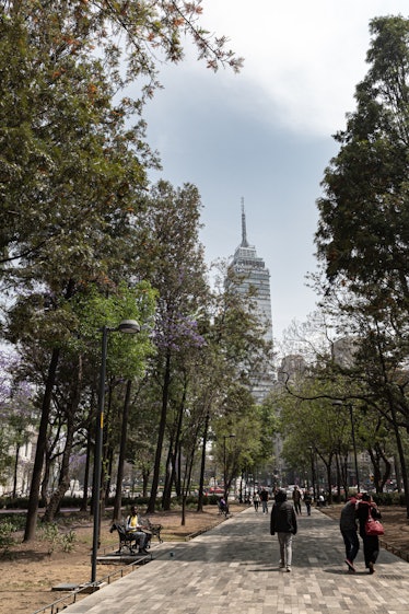 View of locals and tourists enjoying a walk through the Alameda Central public park in the historica...