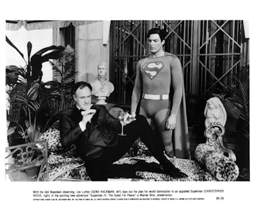 Actors Gene Hackman and Christopher Reeve in a scene from the Warner Bros. movie "Superman IV: The Q...