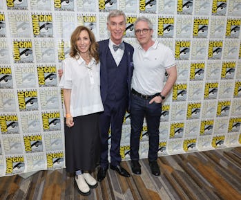 SAN DIEGO, CALIFORNIA - JULY 23: (L-R) Erica Huggins, Bill Nye, and Brannon Braga attend Peacock's n...